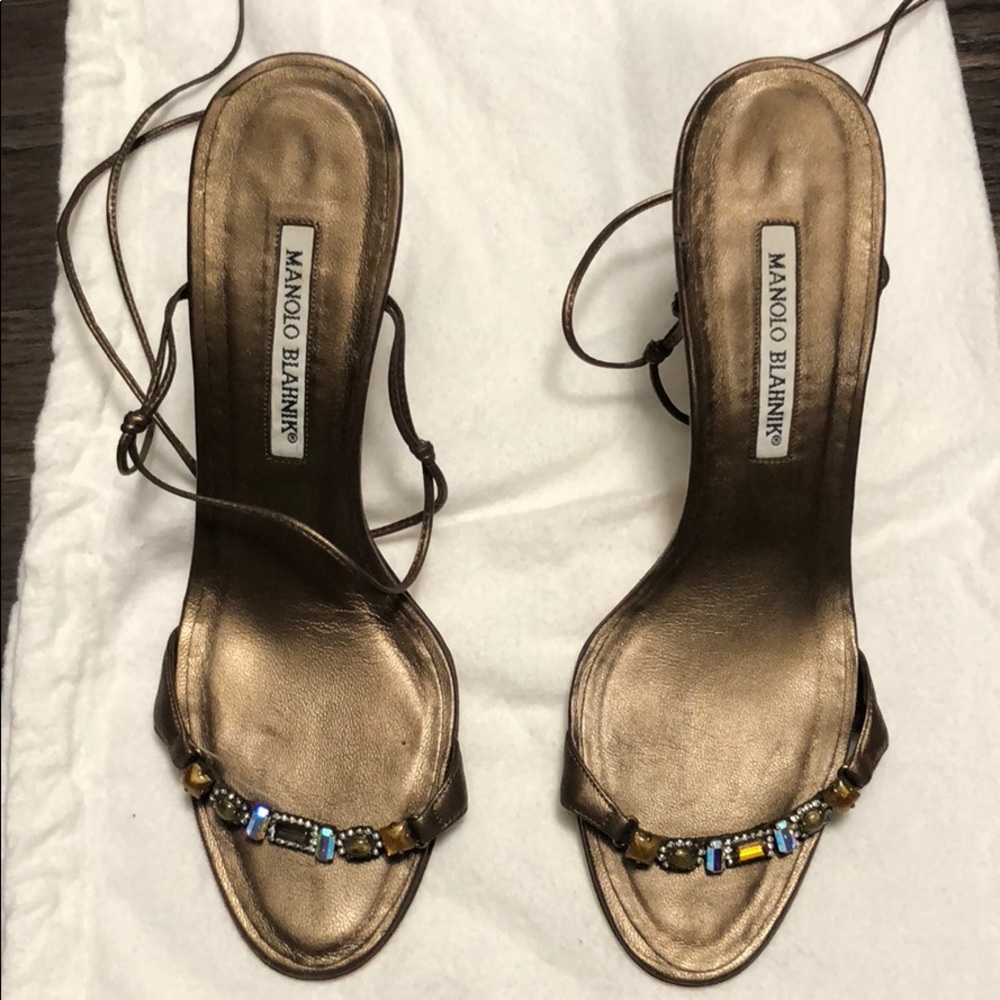 Manolo Blahnik ankle wrap heeled sandals.